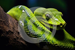A green venomous snake on a tree