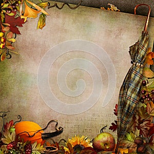 Green vintage background with umbrella autumn leaves and pumpkin