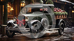 Green Vintage Car Parked Outside The Festively Christmas Decorated Shops. Generative AI