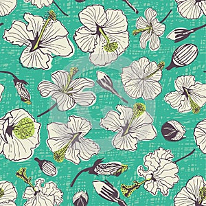 Green vintage hibiscus flowers and buds seamless repeat pattern with textured background. Perfect for fabric, clothing, pac