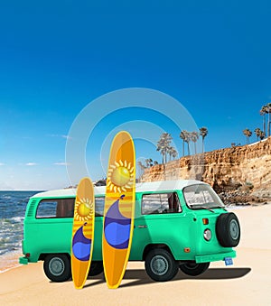 Green Vintage, Retro, Old-fashioned mini bus van camper VW T2 with surfboard on beach, cliff, palm tree