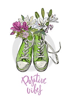 Green vintage sneakers with flowers, words below