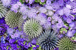 Green and violet flowers background. View from above
