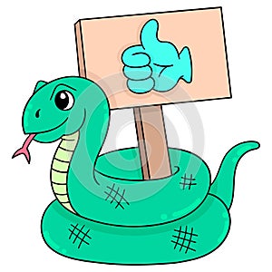 Green viper carrying a social media thumb up board, doodle icon image kawaii