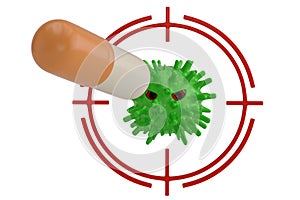 Green virus and big capsule isolated on white background. 3D illustration