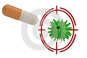 Green virus and big capsule isolated on white background. 3D illustration