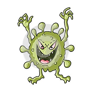 Green virus icon in cartoon style isolated on white background. Viruses and bacteries symbol stock vector illustration.