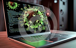 Green virus on a laptop screen with code in the background