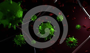 Green virus molecula and red blood cells 3d render photo