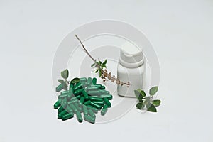 Green vitamin capsule, white bottle and holy basil leaves.