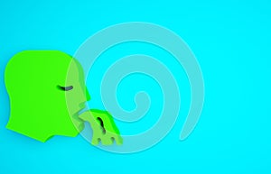 Green Vomiting man icon isolated on blue background. Symptom of disease, problem with health. Nausea, food poisoning