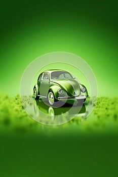 Green vw bug sitting on top of field of green grass. Generative AI