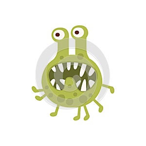 Green Walking Aggressive Malignant Bacteria Monster With Sharp Teeth Cartoon Vector Illustration