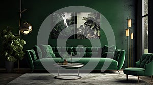 green wall art with a coffee table, cactus and framed poster in living room free mockups, in the style of james abbott mcneill