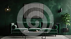 green wall art with a coffee table, cactus and framed poster in living room free mockups, in the style of james abbott mcneill