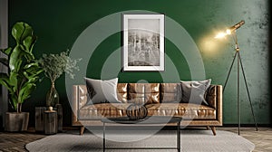green wall art with a coffee table, cactus and framed poster in living room free mockups, in the style of james abbott mcneill