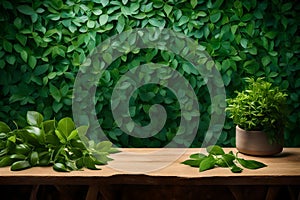 a green wall background with a wooden table top with green leaves