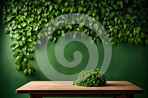 a green wall background with a wooden table top with green leaves