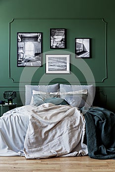 Green wall with gallery of poster in trendy bedroom interior with double bed