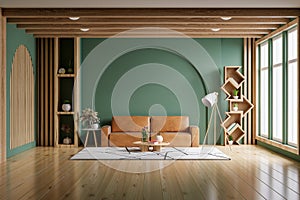 Green wall interior living room have orange leather sofa and decoration minimal