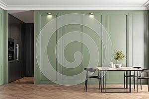 green wall partition, white baseboard on parquet floor in luxury, modern kitchen, AI generated