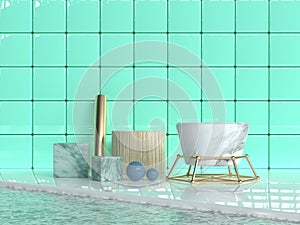 green wall tile glossy/shiny abstract group geometric shape set marble texture gold wood texture 3d render