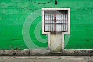 Green wall and window of old house, vintage style with space for text