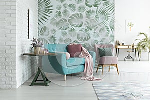 Green wallpaper in living room