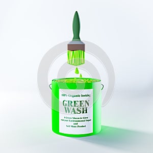 Green Wash paint tin and brush, eco greenwashing to gloss over environmental impact