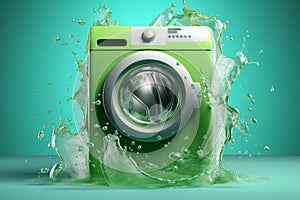 Green washing machine with water running, eco-friendly laundry concept