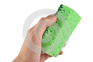 Green washing sponge for dishes in a hand isolated on a white background