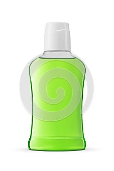 Green water mouthwash in plastic bottle isolated on white