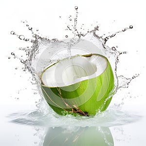 Green Water Splashing Coconut With Crisp And Clean Lines