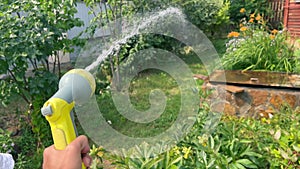 Green water sprayer in a man's hand. Watering plants and lawn in the garden. Movement of the watering hose for