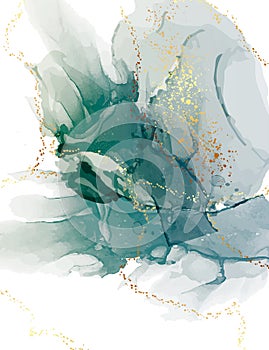 Green watercolor abstract teal background, aquarelle ink blob with gold glitter