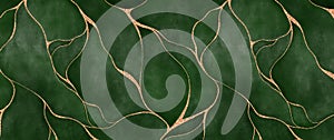 green watercolor background with golden line and Liquid marble texture. abstract leaf print. Modern background. Elegant