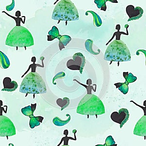 Green watercolor Ballerina with boteh, bow and heart