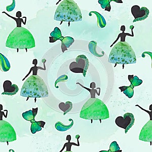 Green watercolor Ballerina with boteh, bow and heart photo