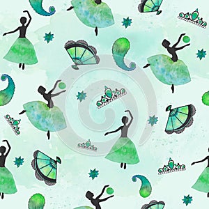 Green watercolor Ballerina with boteh, fan and crown