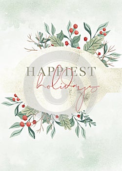 Green Watercolor Foliage Christmas Happiest Holiday Card photo