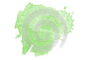 Green watercolor hand drawn paper splash texture on white background for design, web. Abstract green color paint element