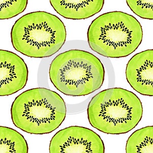 Green watercolor kiwi fruit slice seamless pattern. Realistic botanical watercolour background illustration. Fresh exotic tropical