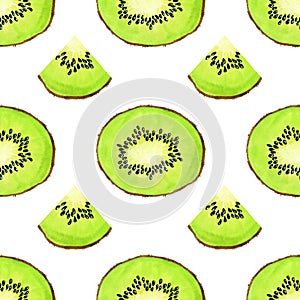 Green watercolor kiwi fruit slice seamless pattern. Realistic botanical watercolour background illustration. Fresh exotic tropical