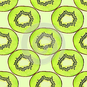 Green watercolor kiwi fruit slice seamless pattern. Realistic botanical watercolour background illustration. Fresh exotic tropical