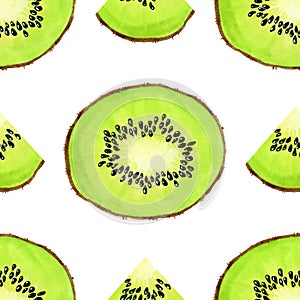 Green watercolor kiwi fruit slice seamless pattern. Realistic botanical watercolour background illustration. Fresh exotic tropical