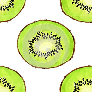 Green watercolor kiwi fruit slice seamless pattern. Realistic botanical watercolour background illustration. Fresh exotic tropical