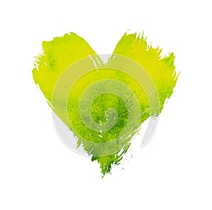 Green watercolor painted heart shape on white