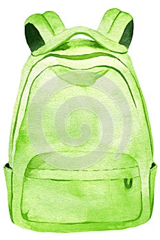 Green watercolor school backpack isolated on white background. School satchel. Boys school backpack. Girls school backpack