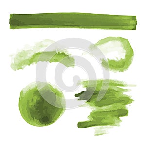 Green watercolor shapes, splotches, stains, paint brush strokes. Abstract watercolor texture backgrounds set. photo