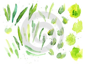 Green watercolor splash texture. Hand drawn yellow and green blots drawing vector art.